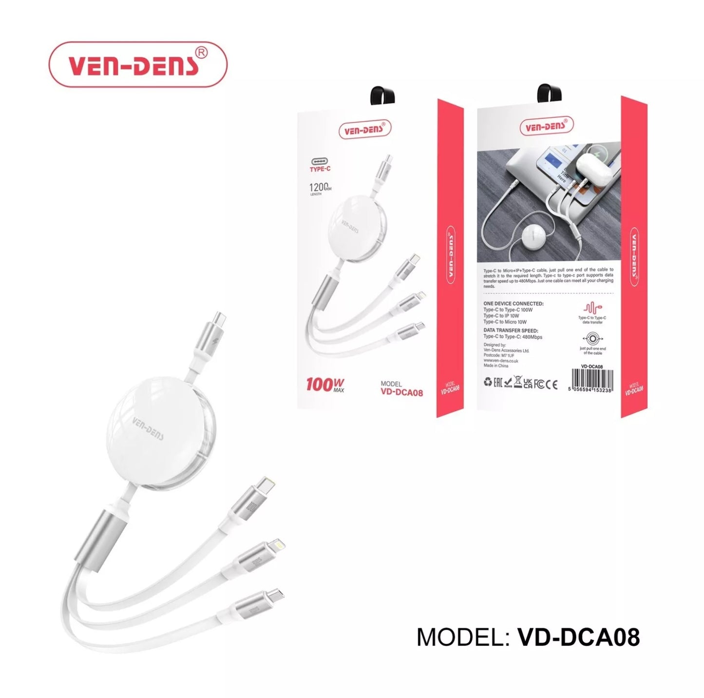 VEN-DENS 100W 3 in 1 Multi Charger Retractable Cable Fast Charging Multi-Port