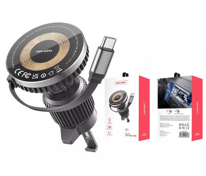 Ven-Dens 15W Magnetic Car Holder Wireless Charger With Retractable Cable