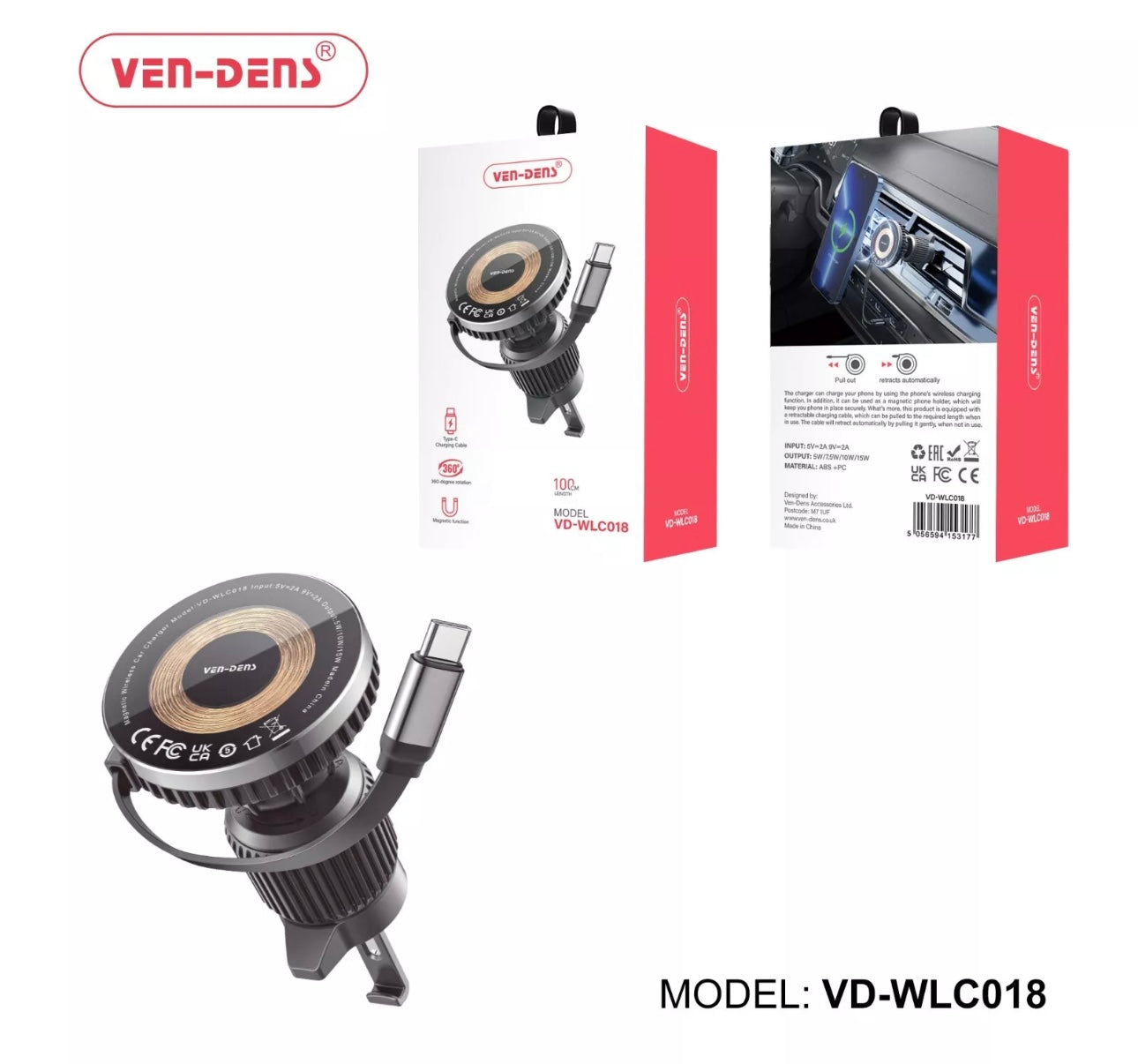 Ven-Dens 15W Magnetic Car Holder Wireless Charger With Retractable Cable