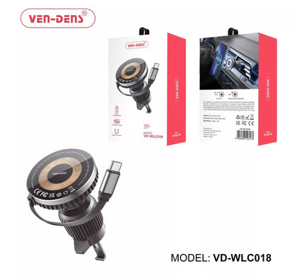 Ven-Dens 15W Magnetic Car Holder Wireless Charger With Retractable Cable