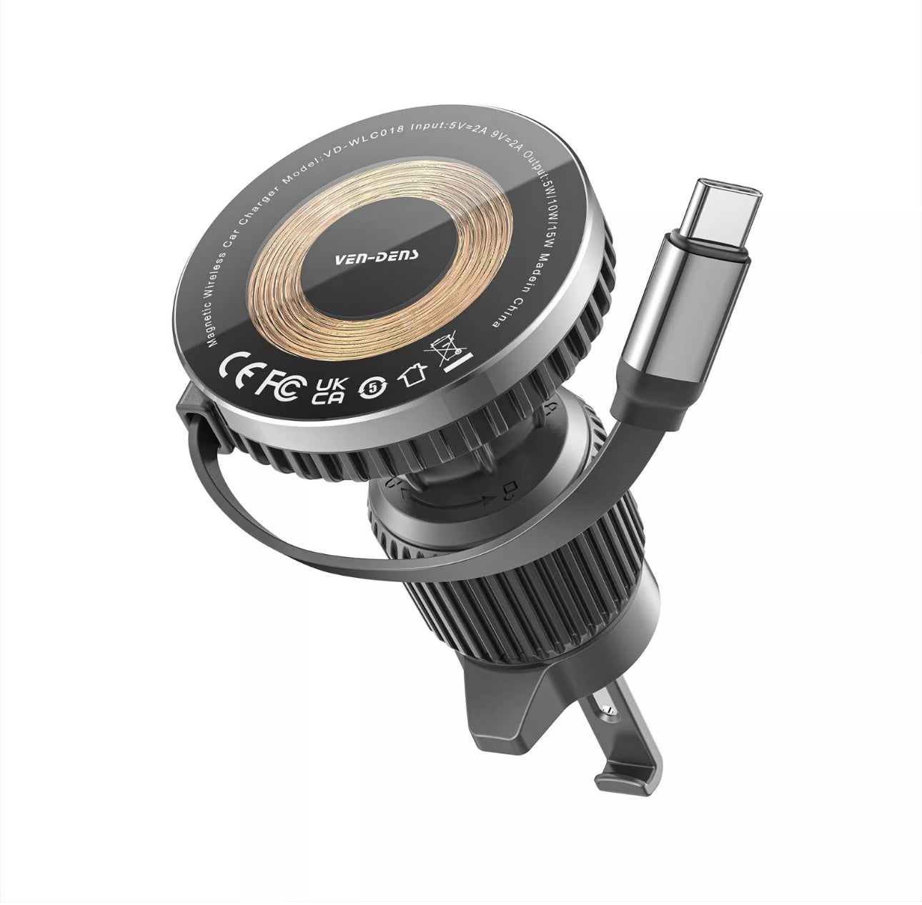 Ven-Dens 15W Magnetic Car Holder Wireless Charger With Retractable Cable