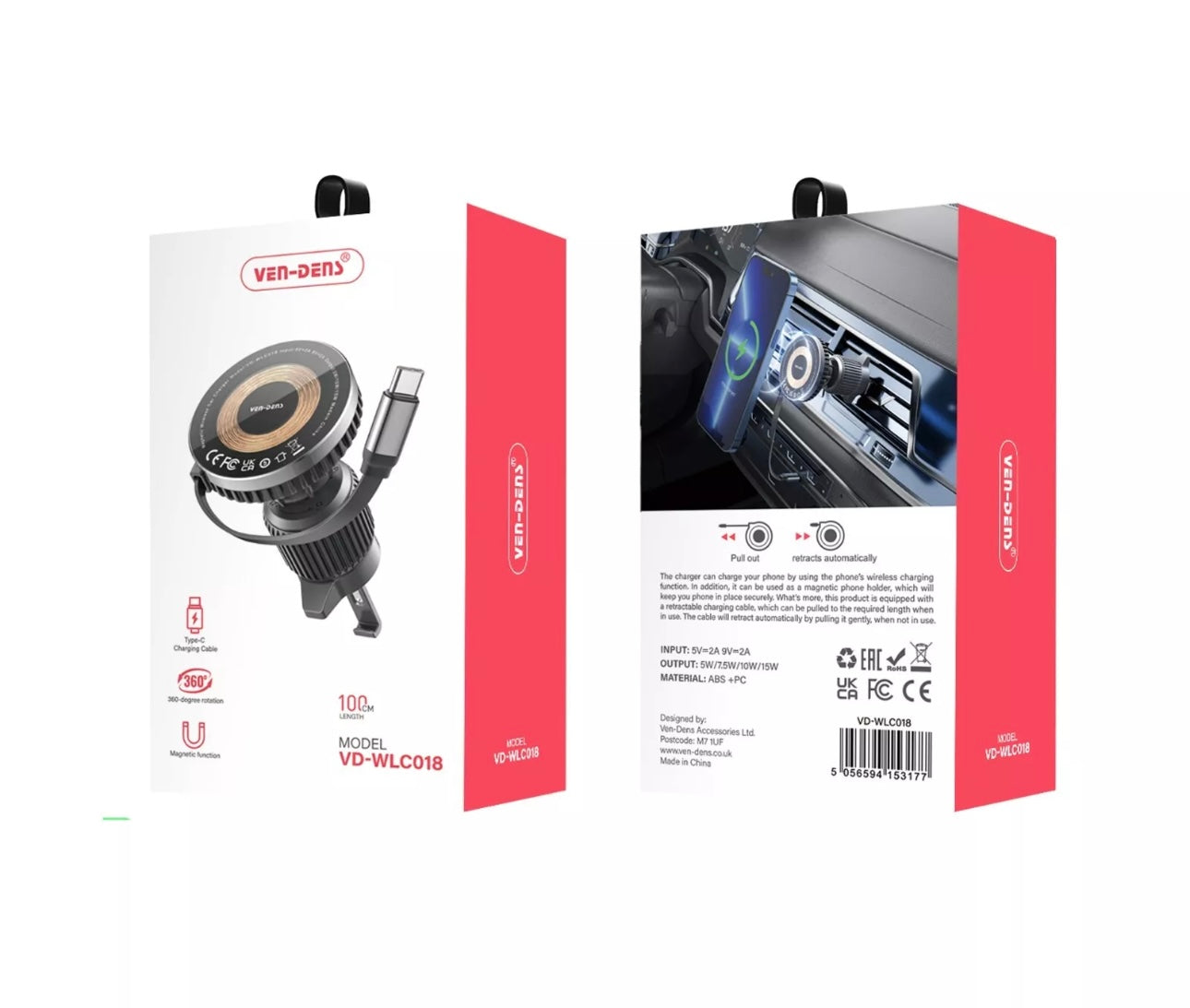 Ven-Dens 15W Magnetic Car Holder Wireless Charger With Retractable Cable