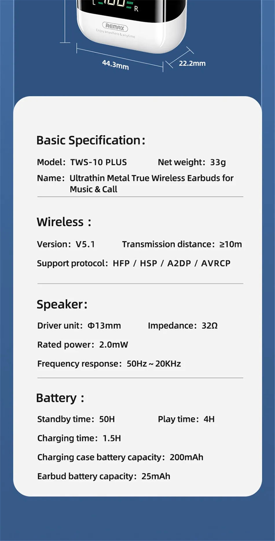 Remax TWS-10 Plus Dynamic Mini HIFI Bluetooth Headphones Display In Ear Stereo Fidelity Music Wireless Earphones Earbuds