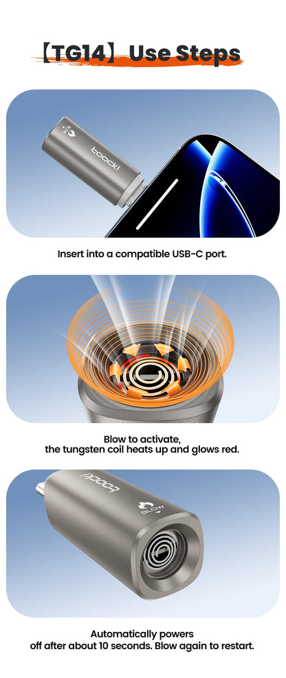 Toocki TG13/14 USB C Mini Lighter Press/Blow to Iight Portable Ignition Airline Approved Type C Flameless Lighter for Cell Phone