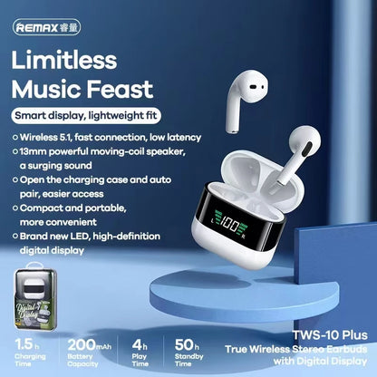 Remax TWS-10 Plus Dynamic Mini HIFI Bluetooth Headphones Display In Ear Stereo Fidelity Music Wireless Earphones Earbuds
