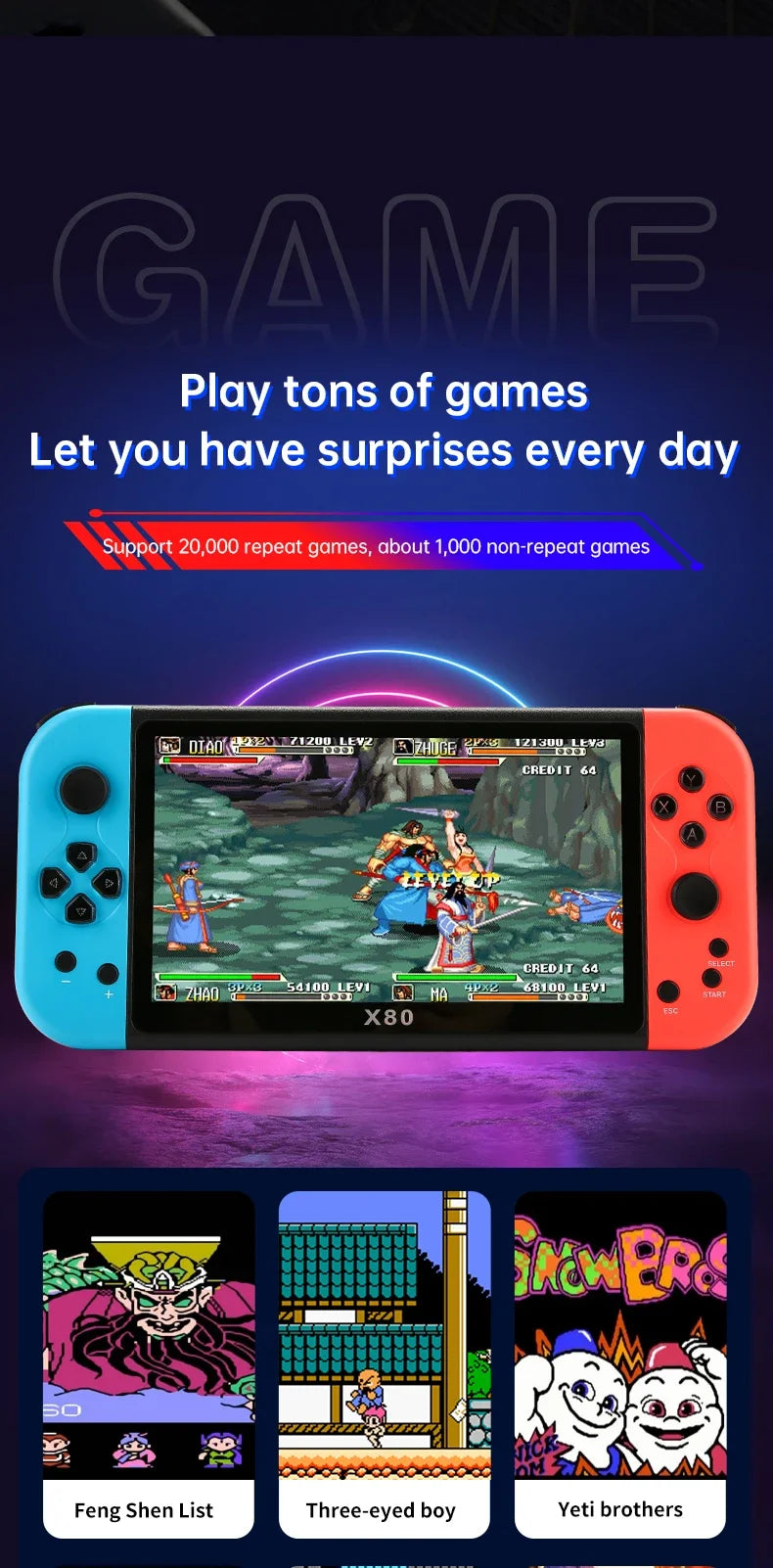 Experience Retro Gaming X80 Handheld Console 40000+Classic Games 128G Memory For PS1 MAME CPS FCGB  7.0" Screen Children's Gift