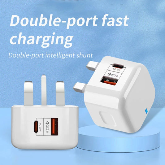QC3.0 PD20W USB+Type-C Dual Ports Fast Charger Phone Adapter EU/US/UK Plug Wall Charger For iPhone Samsung Huawei Xiaomi/Tablets