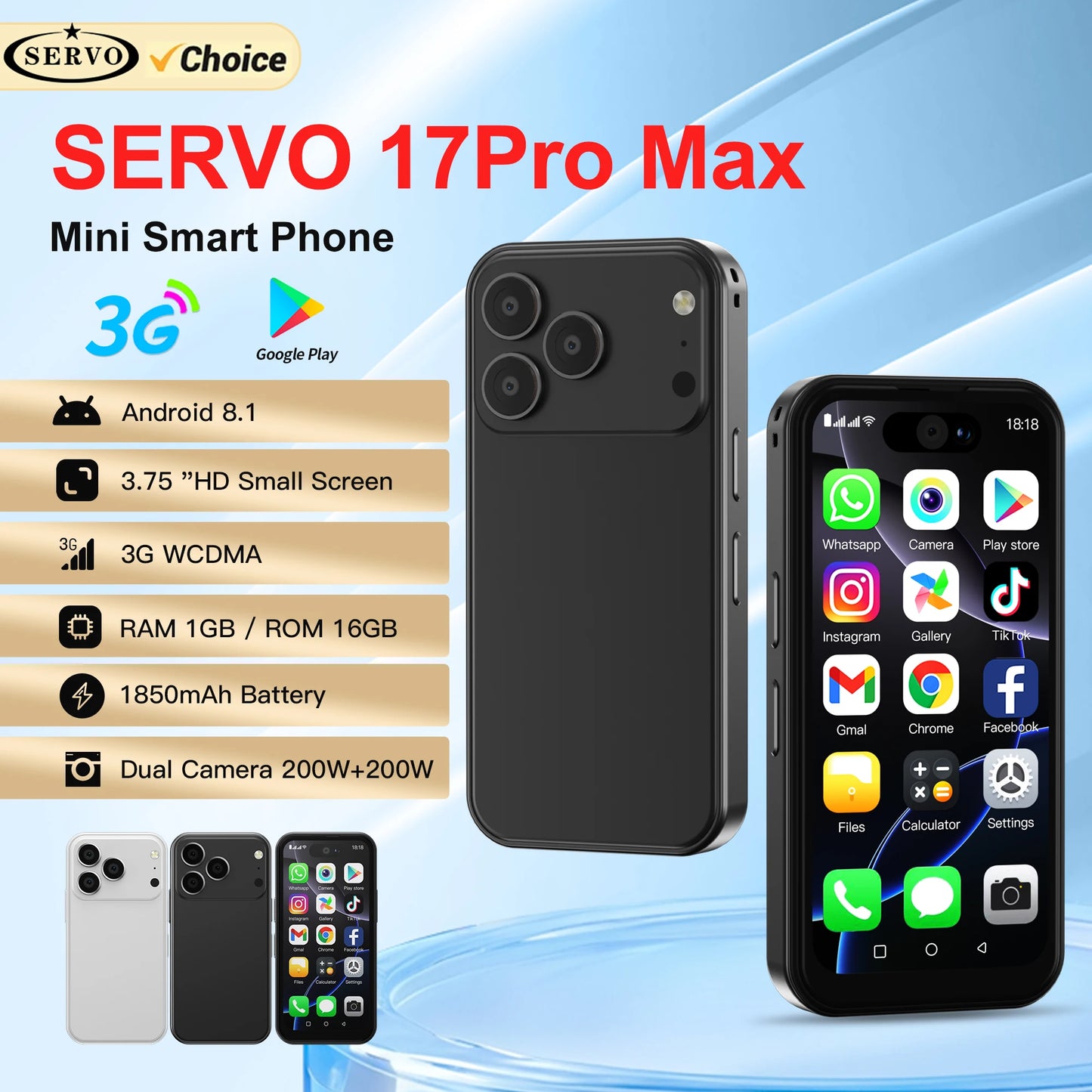 SERVO 17PRO MAX Android Mini Smartphone 3G WCDMA Dual SIM Standby 16GB ROM Play Store WiFi 3.75" Screen Cute Small Mobile Phones