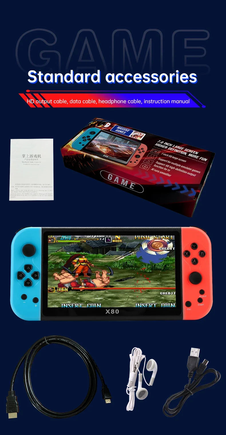 Experience Retro Gaming X80 Handheld Console 40000+Classic Games 128G Memory For PS1 MAME CPS FCGB  7.0" Screen Children's Gift
