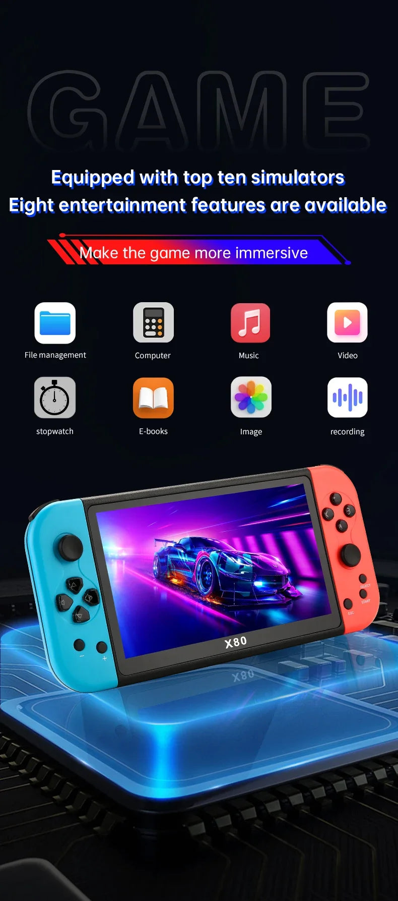 Experience Retro Gaming X80 Handheld Console 40000+Classic Games 128G Memory For PS1 MAME CPS FCGB  7.0" Screen Children's Gift