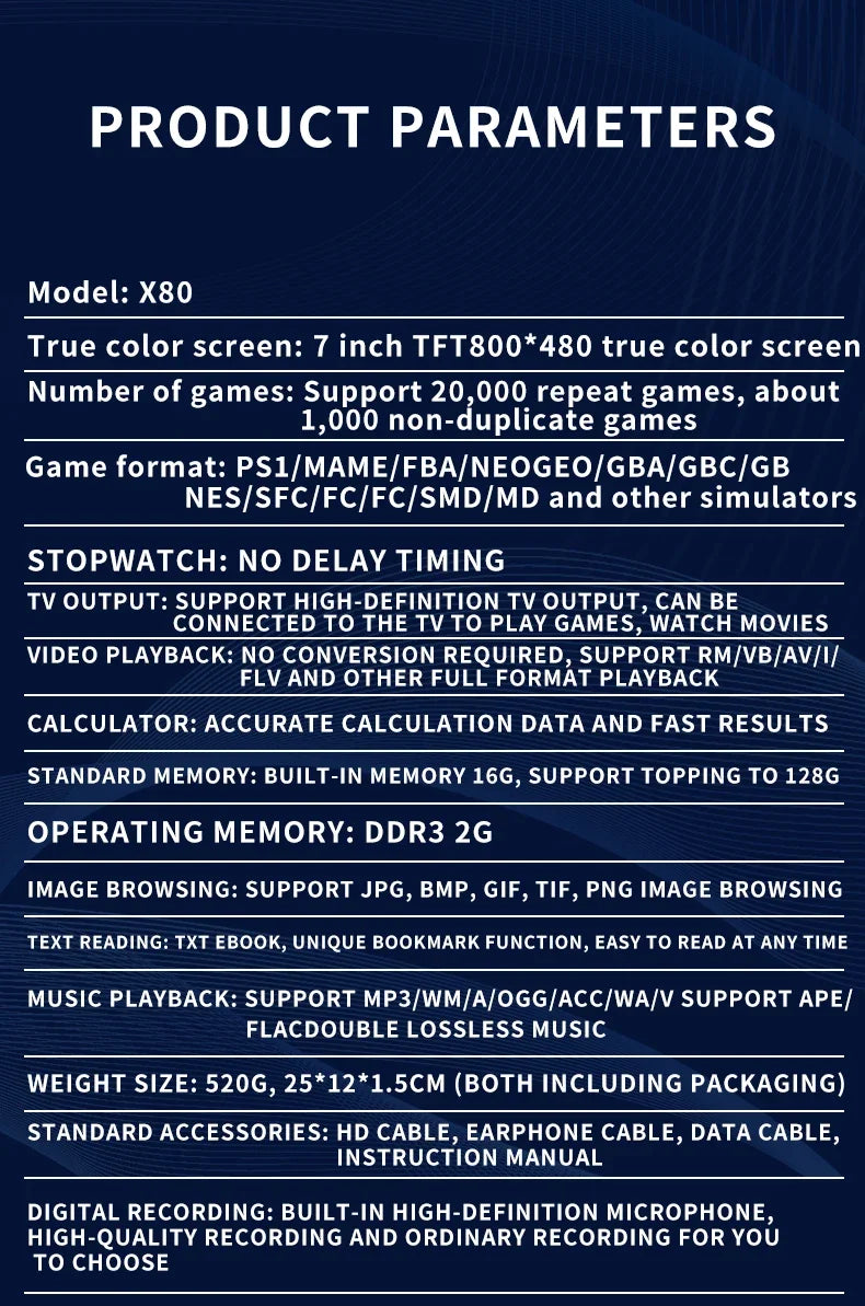 Experience Retro Gaming X80 Handheld Console 40000+Classic Games 128G Memory For PS1 MAME CPS FCGB  7.0" Screen Children's Gift