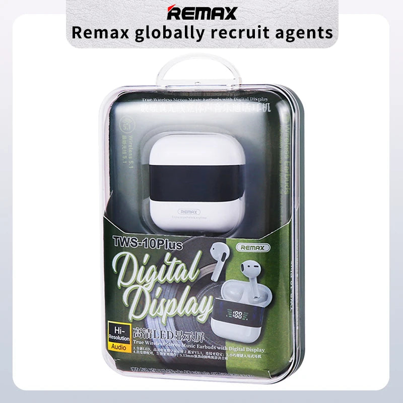 Remax TWS-10 Plus Dynamic Mini HIFI Bluetooth Headphones Display In Ear Stereo Fidelity Music Wireless Earphones Earbuds