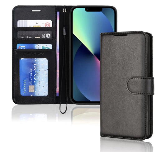 Case For iPhone 13 Black Leather Flip Wallet