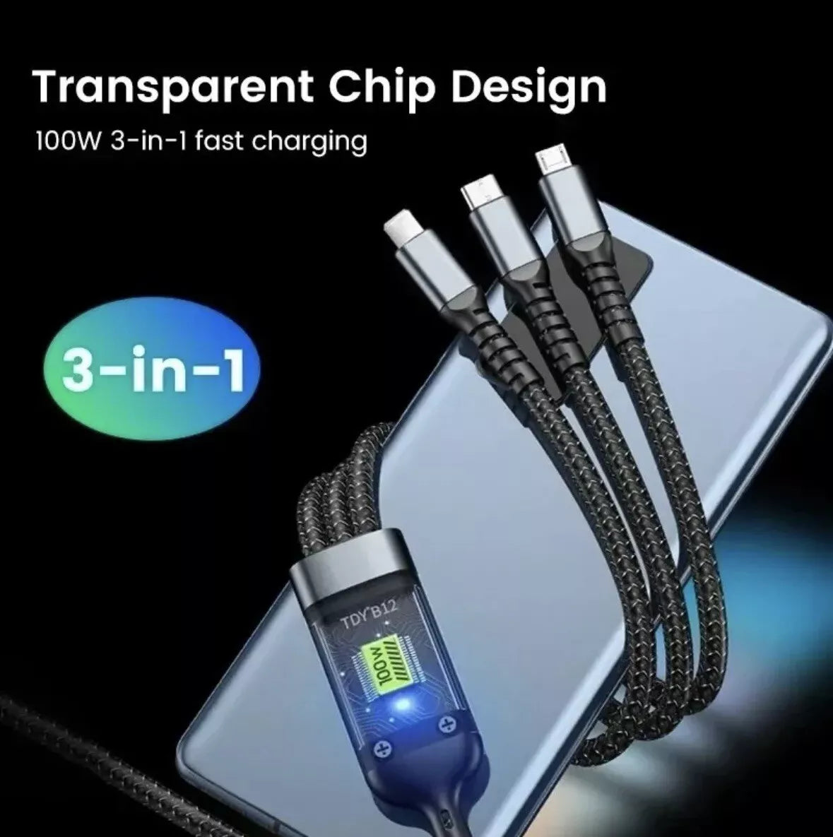 100W 3-in-1 5A Fast Charging USB To Type-C Micro Fast Charger Cable For iPhone