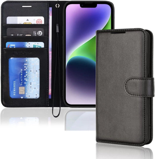Case For iPhone 14 Black Leather Flip Wallet